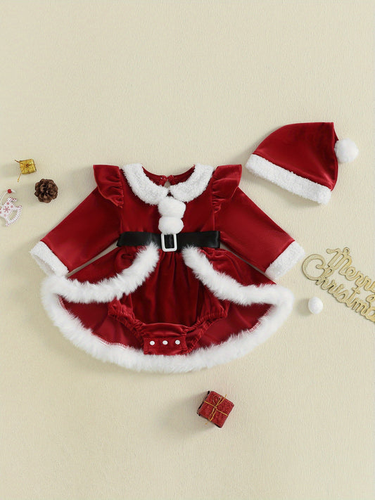 Infant Newborn Baby Girls Christmas Romper Dress Plush Patchwork Long Sleeve Jumpsuits and Cute Santa Hat Set Fall Winter Outfits, Perfect for Outdoor