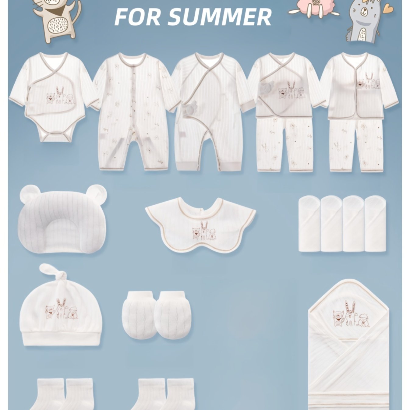 Newborn Bodysuit + Baby Essential Set Of 22 Items, Includes 5 Outfits + Hat + Lace Bib + Pillow + Gloves + Socks + Swaddle Blanket + Washcloths, Spring & Summer Baby Bodysuit Set, Perfect Newborn Gift And Must-Have Essentials