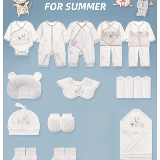 Newborn Bodysuit + Baby Essential Set Of 22 Items, Includes 5 Outfits + Hat + Lace Bib + Pillow + Gloves + Socks + Swaddle Blanket + Washcloths, Spring & Summer Baby Bodysuit Set, Perfect Newborn Gift And Must-Have Essentials
