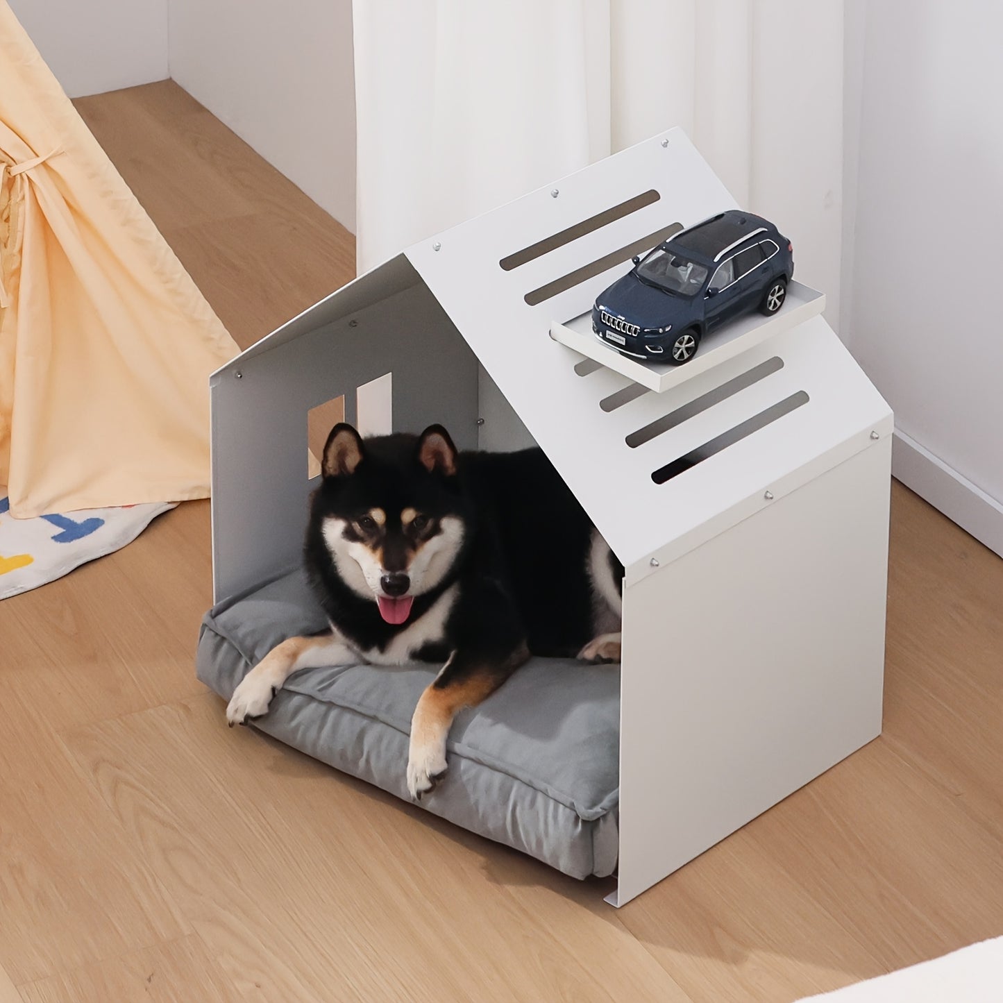 Modern White and Gray Metal Dog House with Waterproof Cushion Stylish Easy Clean Pet Bed