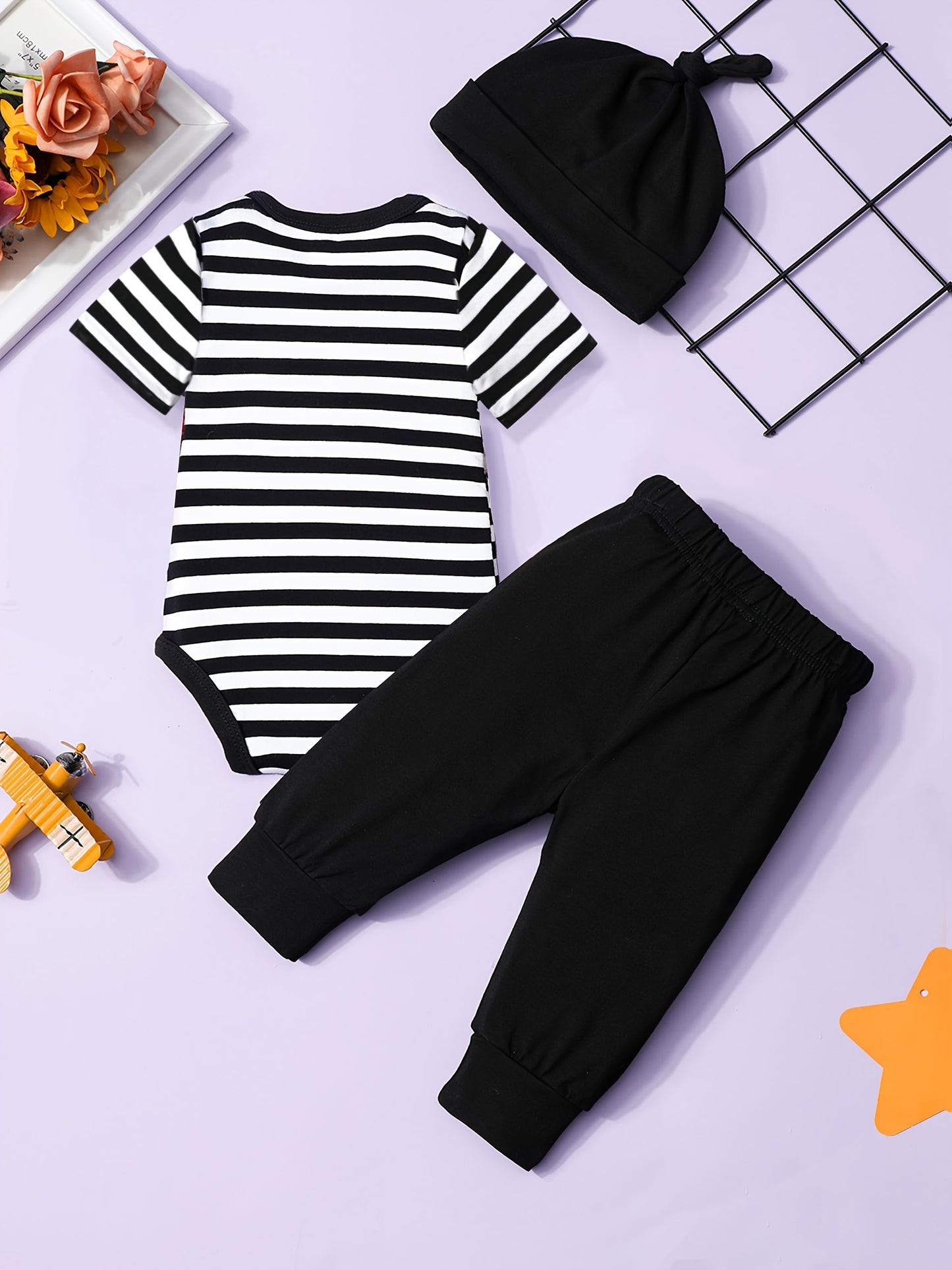 Newborn Baby Boy Tattoo Print Striped Romper Set With Black Pants Three Piece Outfit