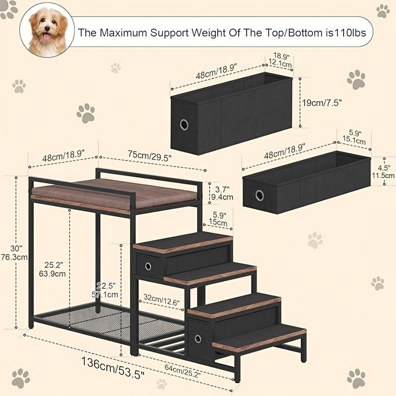 Multi-Level Pet Bunk Bed with Stairs and Storage for Dogs and Cats Elevated Lounge
