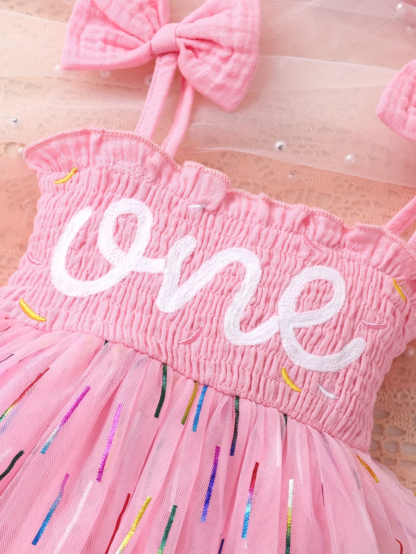 2pcs Soft and Comfortable Fashionable Cute Girls' Letter Print Parallel Ruffle Bow Tie Halter Neck Gradient Color Stripes Mesh Dress Bodysuit and Hairband Set