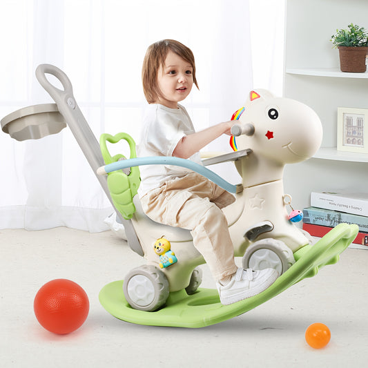 4 In 1 Kids Rocking Horse With Safety Rod Basketball Hoop Balance Toys For Toddlers