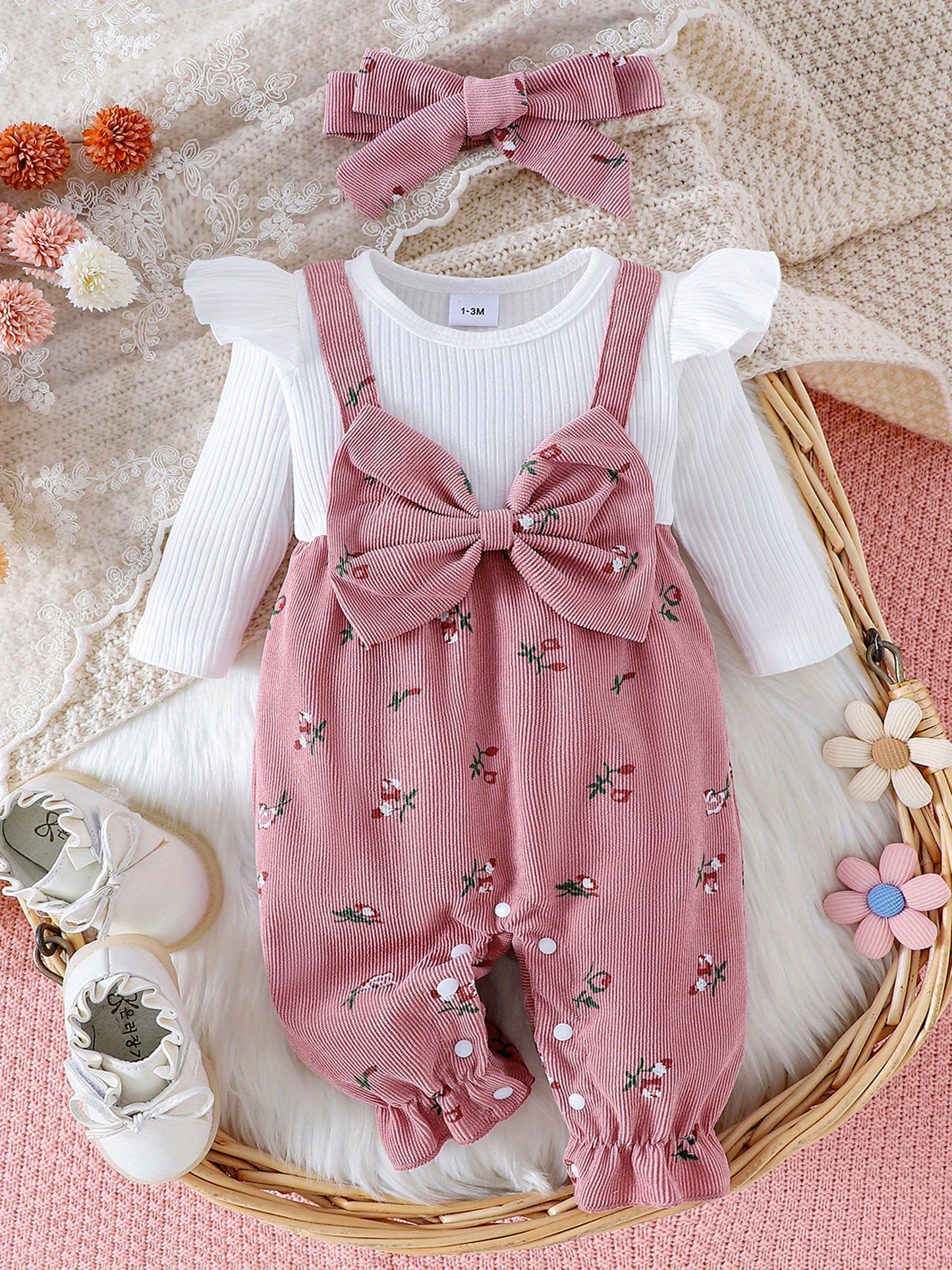 Infant Girls Floral Long Sleeve Romper Set With Headband