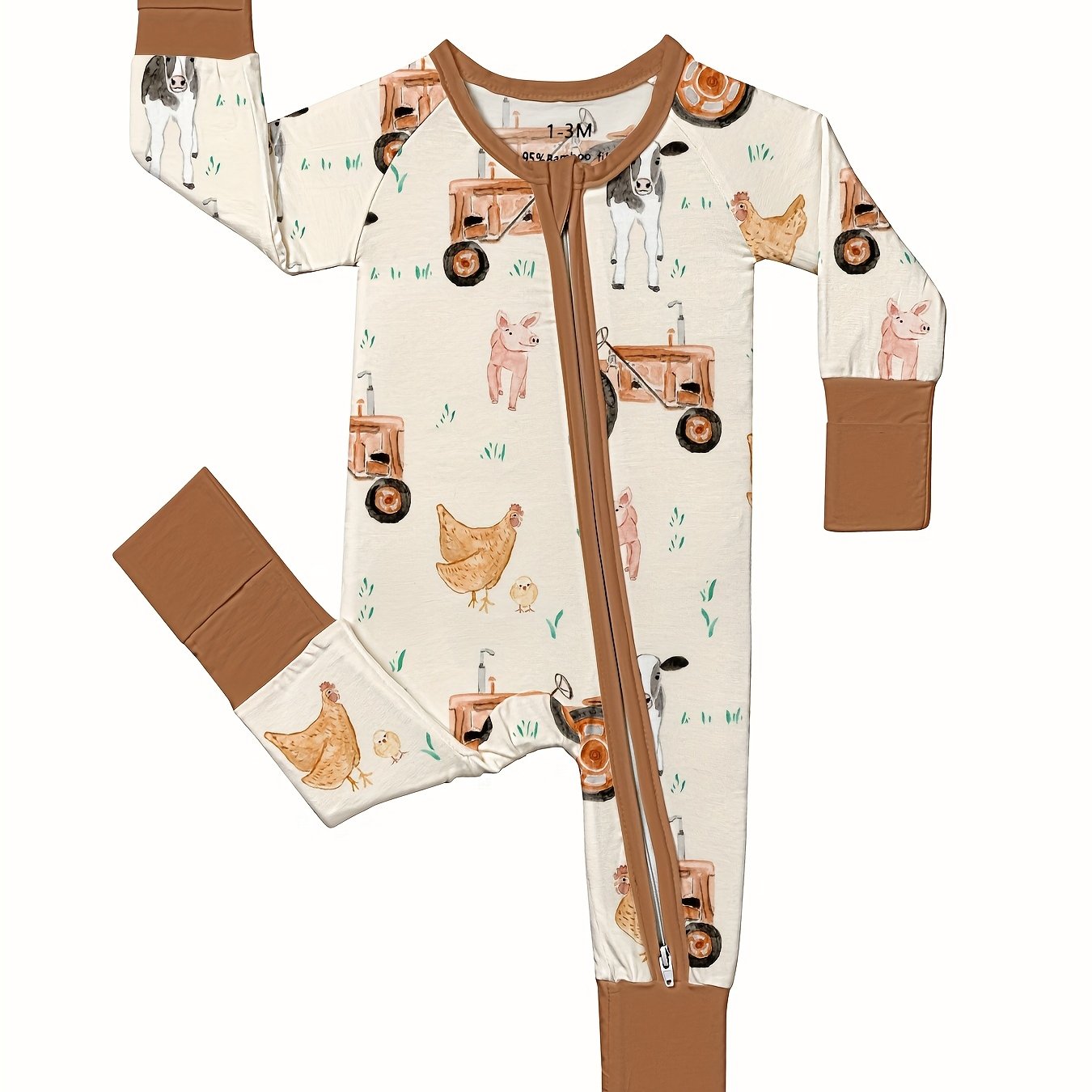 [Bamboo | Soft] Soft Bamboo Fiber Youngsters Romper | Long Sleeve, Zipper Closure, Anti-Grip Feet & Mitten Cuffs | Machine Washable, All-Season Comfort, Cartoon Farm Prints, Safe Youngsters, Bamboo Youngsters Clothes