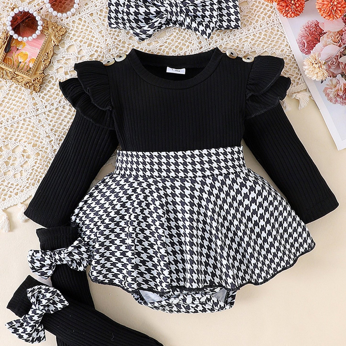 Baby Girl Spring Outfits Long Sleeve Houndstooth Print Romper Dress with Headband and Long Socks