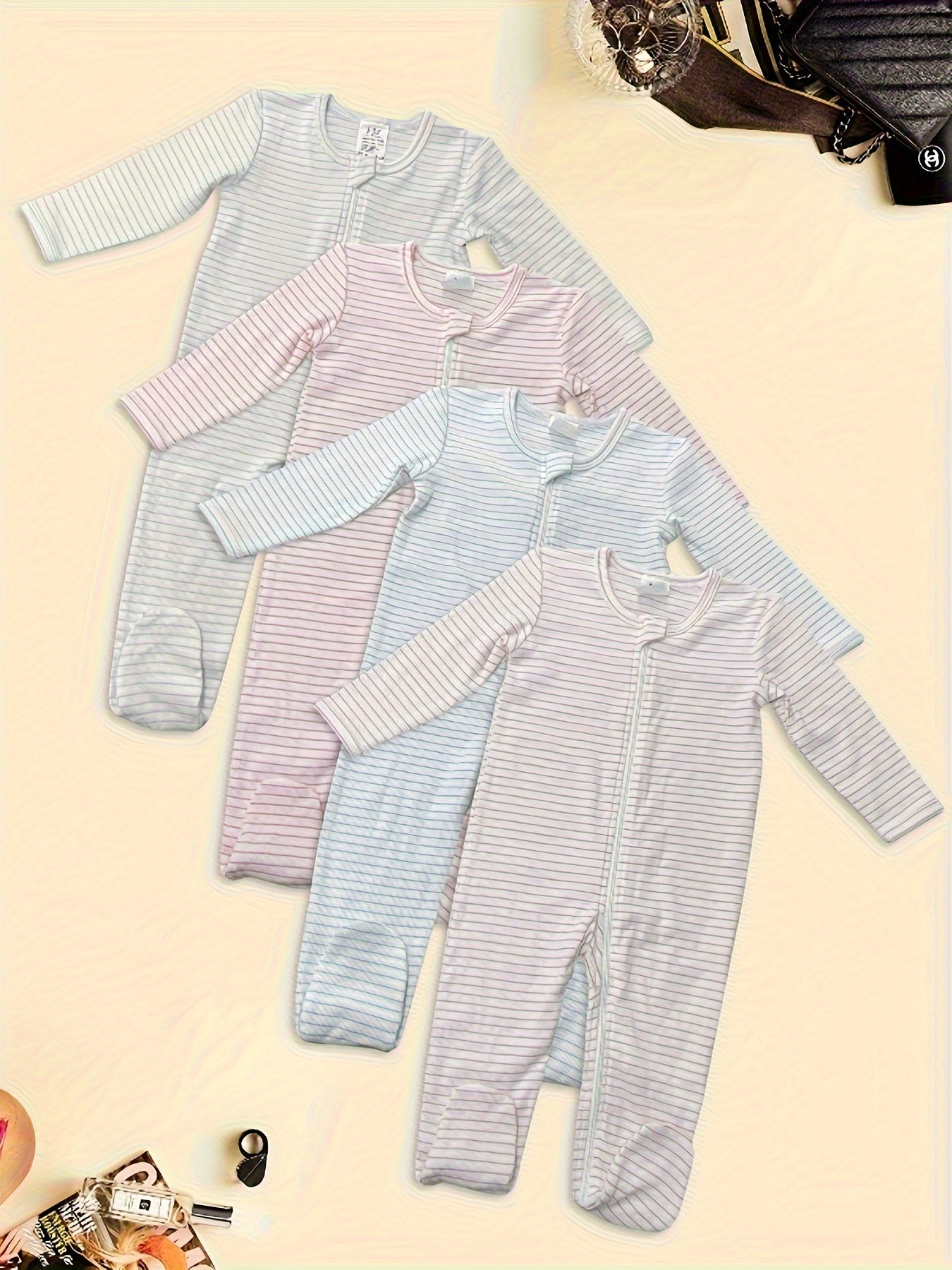 [Cute Cotton Rompers] 4pcs Cotton Youngsters Girls' Rompers | Cute Striped Crew Neck Onesies with Soft Skin-Friendly Foot Crawling Suit, 95% Cotton 5% Elastane Knit Fabric for Spring/Fall