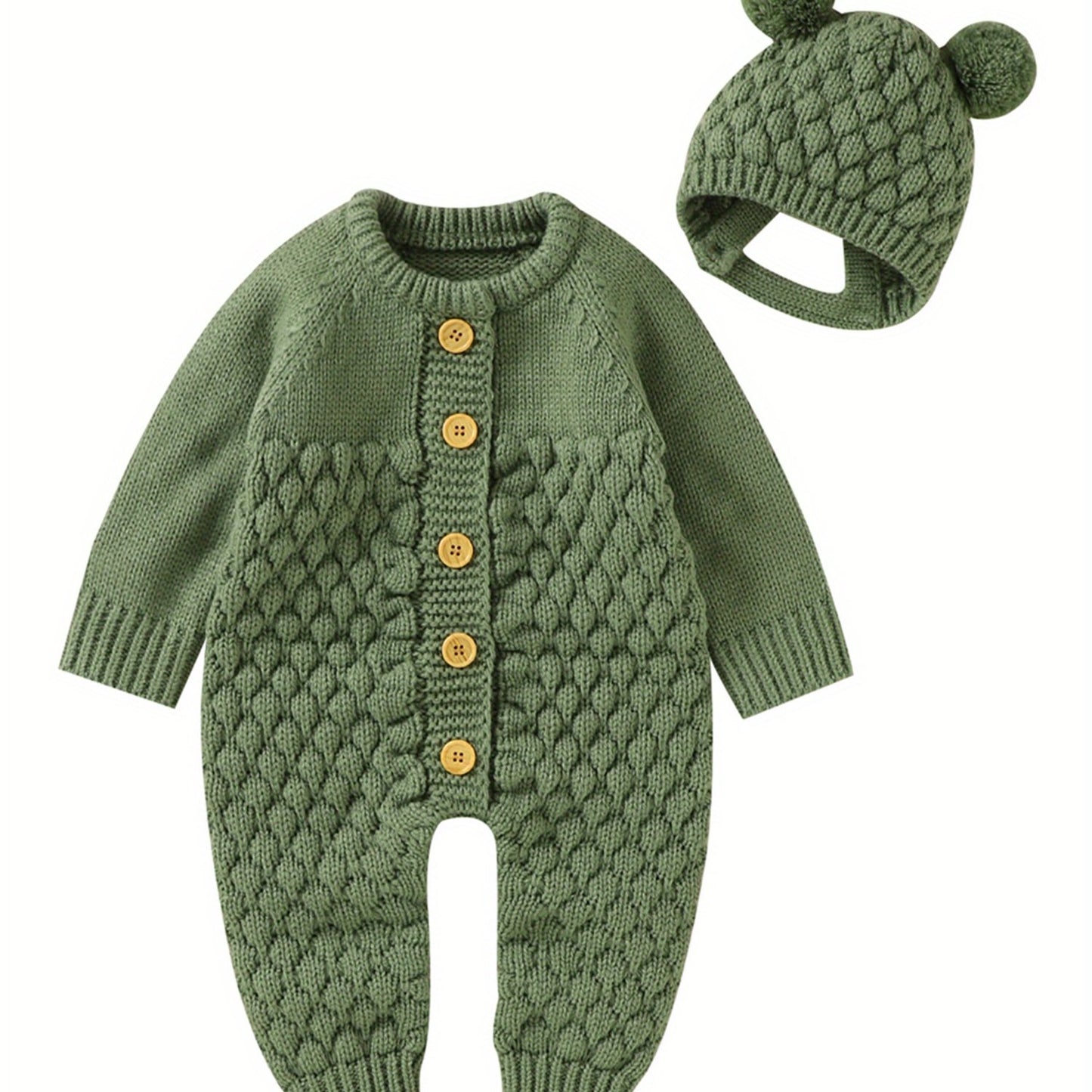 Infant Baby Winter Knit Romper Bear Hat 2pc Set Long Sleeve