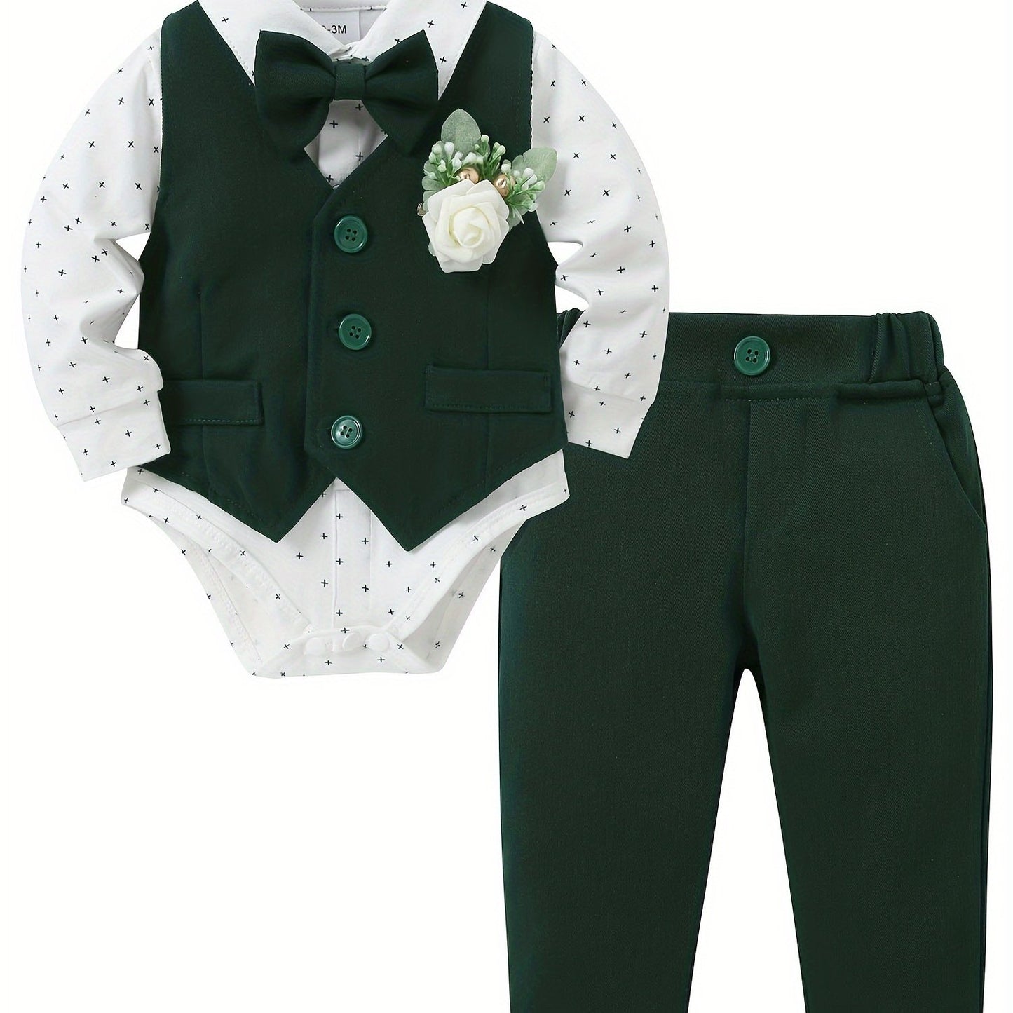 5pcs Baby Boy Long Sleeve Gentleman Suit Baby Boy Holiday Party Wedding Dress Suit One-Piece Shirt, Vest, Trousers, Bowtie, Corsage 0.0-78.74ft Soft And Comfortable Cotton Toddler Clothing