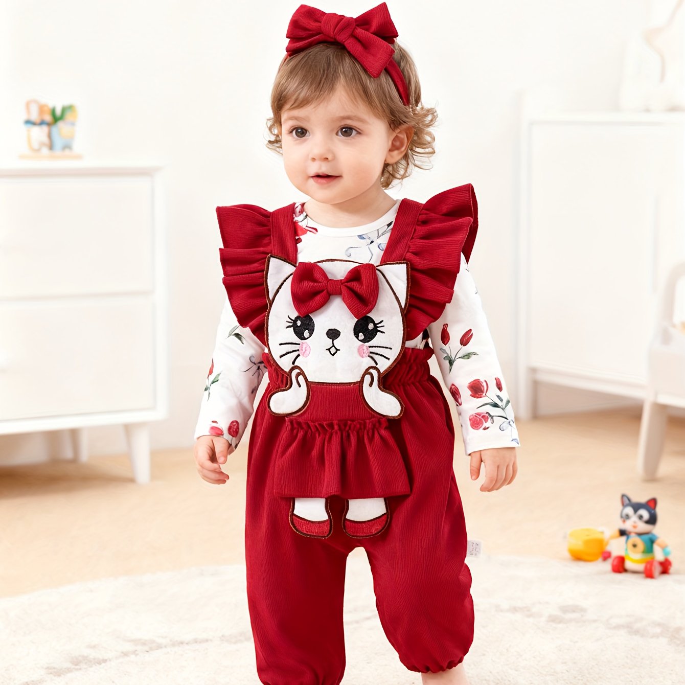 Three Piece Baby Girls Outfit Set With Floral Long Sleeve Romper Kitten Patch Jumpsuit Matching Headband Spring Autumn
