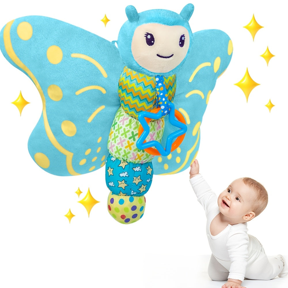 Plush Pink Butterfly Sensory Toy for Babies with Hanging Ring Rattle and Wrinkled Wings