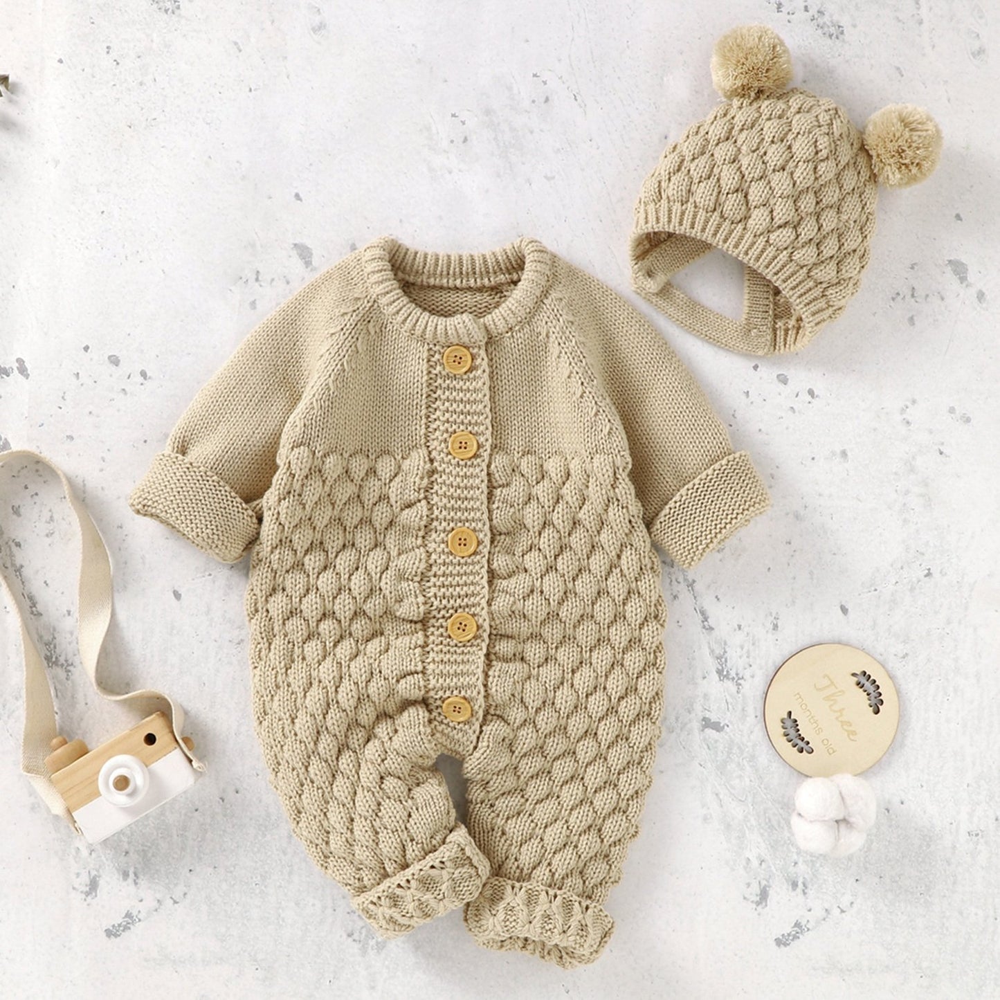 Infant Baby Winter Knit Romper Bear Hat 2pc Set Long Sleeve