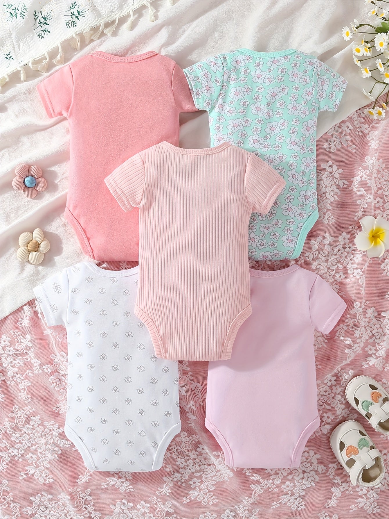 Five Pack Baby Girl Short Sleeve Triangle Jumpsuits Cotton