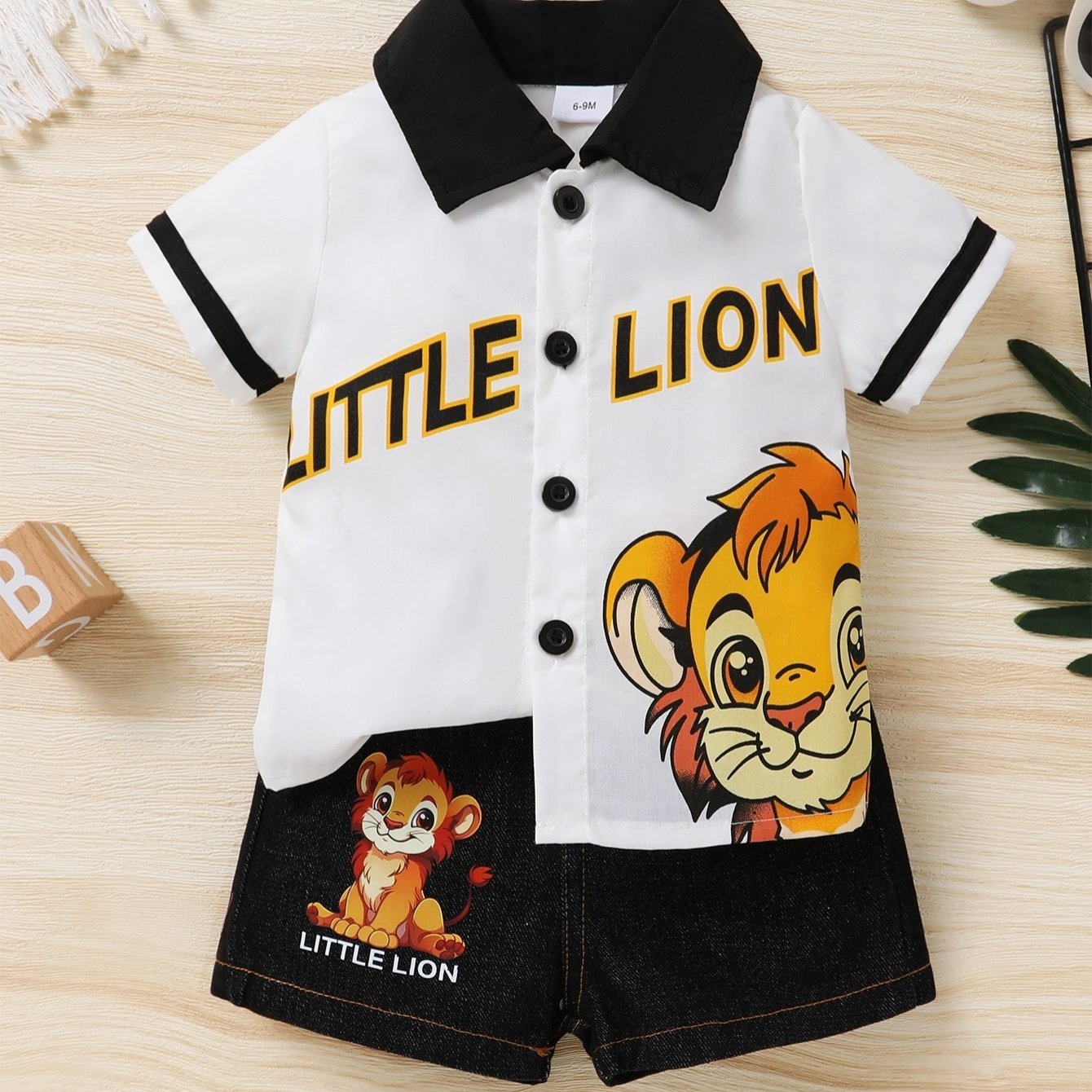 Cute Cartoon Number Pattern Cardigan and Lion Print Denim Shorts Set for Kids