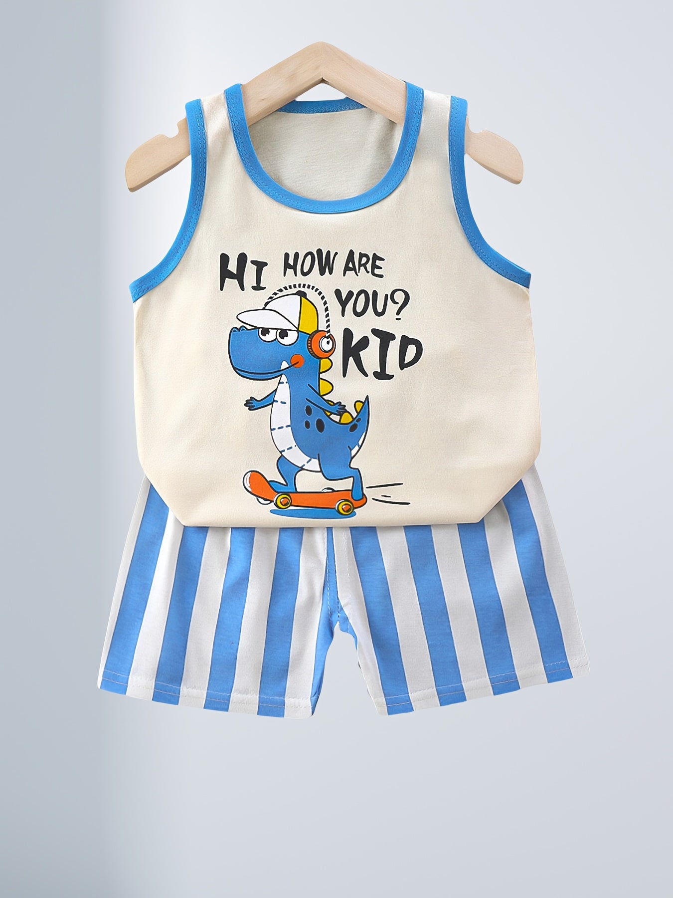 DinoFun Cartoon Dinosaur Sleeveless Shorts Set – Soft and Breathable Comfort for Boys