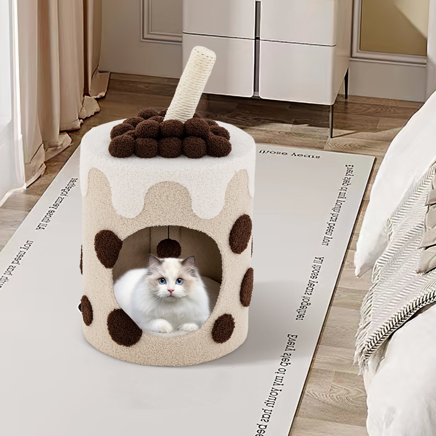 SAFSTAR Bubble Tea Cat Tree Tower with Scratching Post and Dangling Ball Toy for Cats