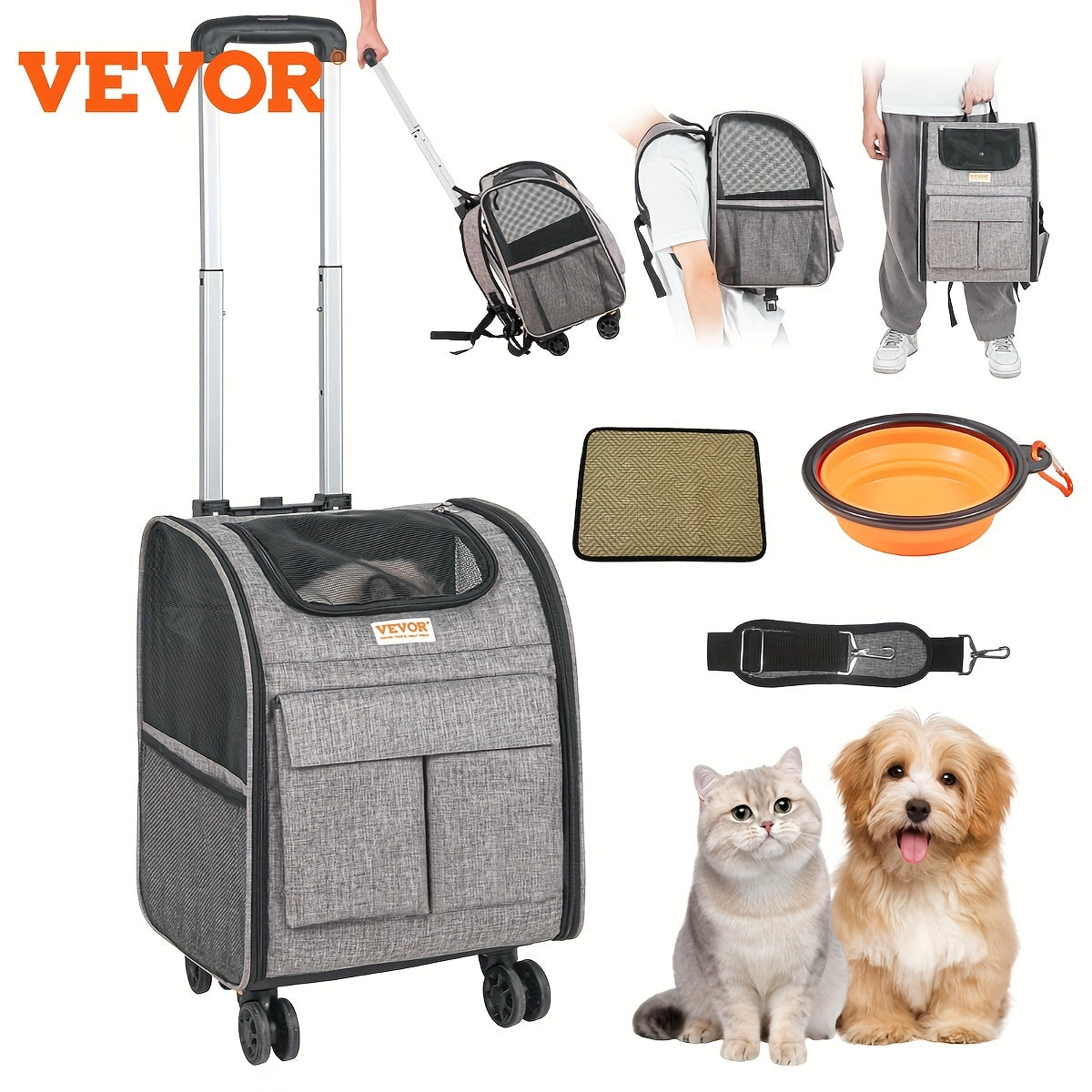 VEVOR Rolling Pet Carrier Backpack - With Removable Wheels For Under 18LBS, Large Soft Sided Wheeled Dog Carrier Cat Travel Carrier Airline Approved For Small Dogs And Medium Cats With Upgraded Wheels - For Pet Owners - Suita