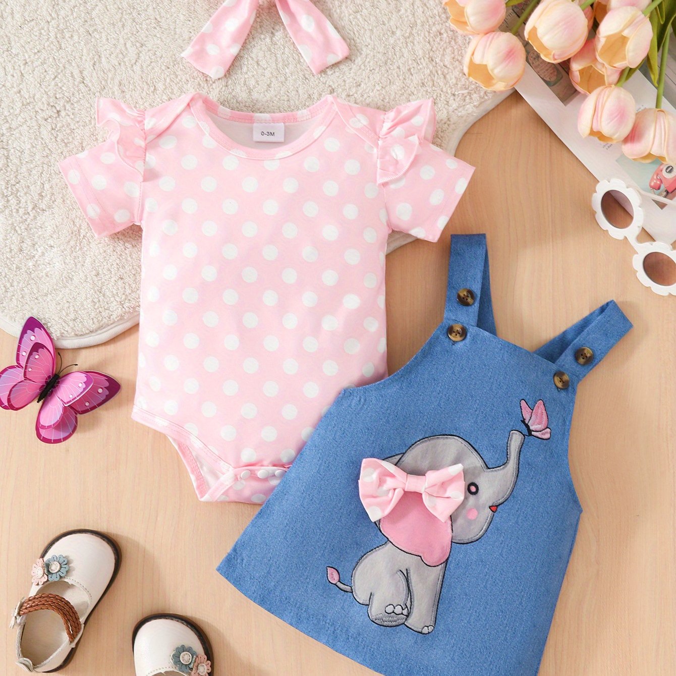 Baby Girl Elephant Skirt Set Romper With Suspender Skirt