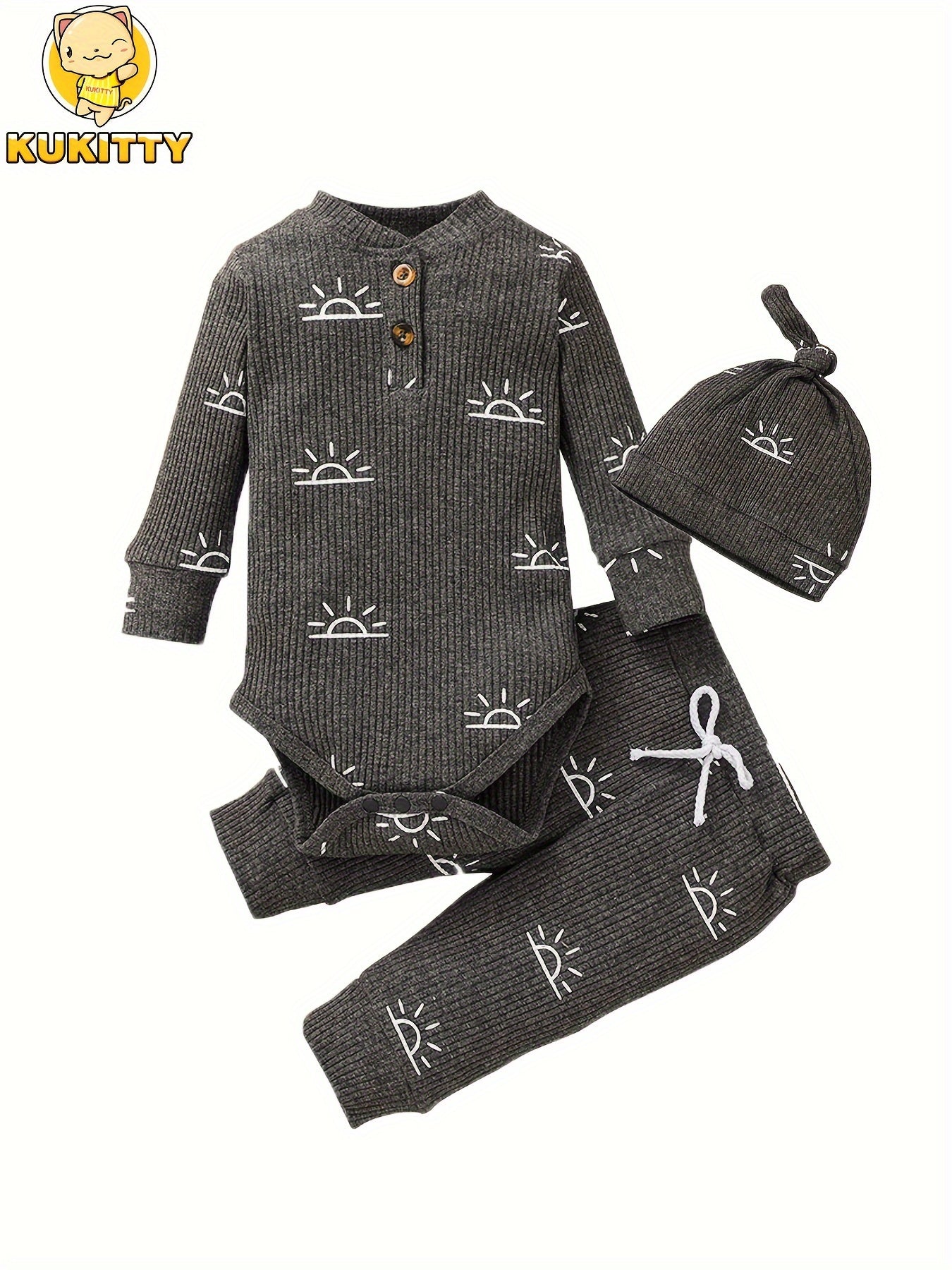 KuKitty Baby Boys Clothes Newborn Ribbed Long Sleeve Romper With Sun Pattern Pants Hat Outfits Set