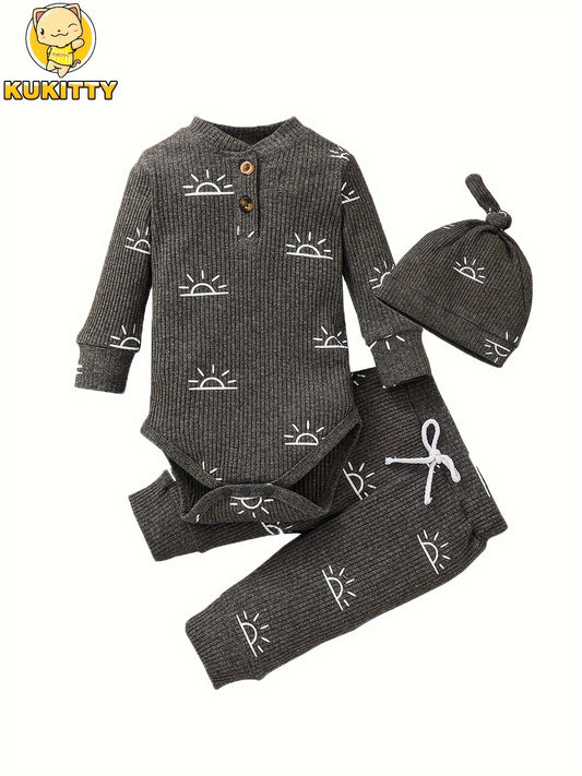 KuKitty Baby Boys Clothes Newborn Ribbed Long Sleeve Romper With Sun Pattern Pants Hat Outfits Set