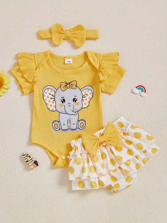 Baby Girls Summer Outfit Set Elephant Print Romper With Ruffle Shorts And Headband 3pc