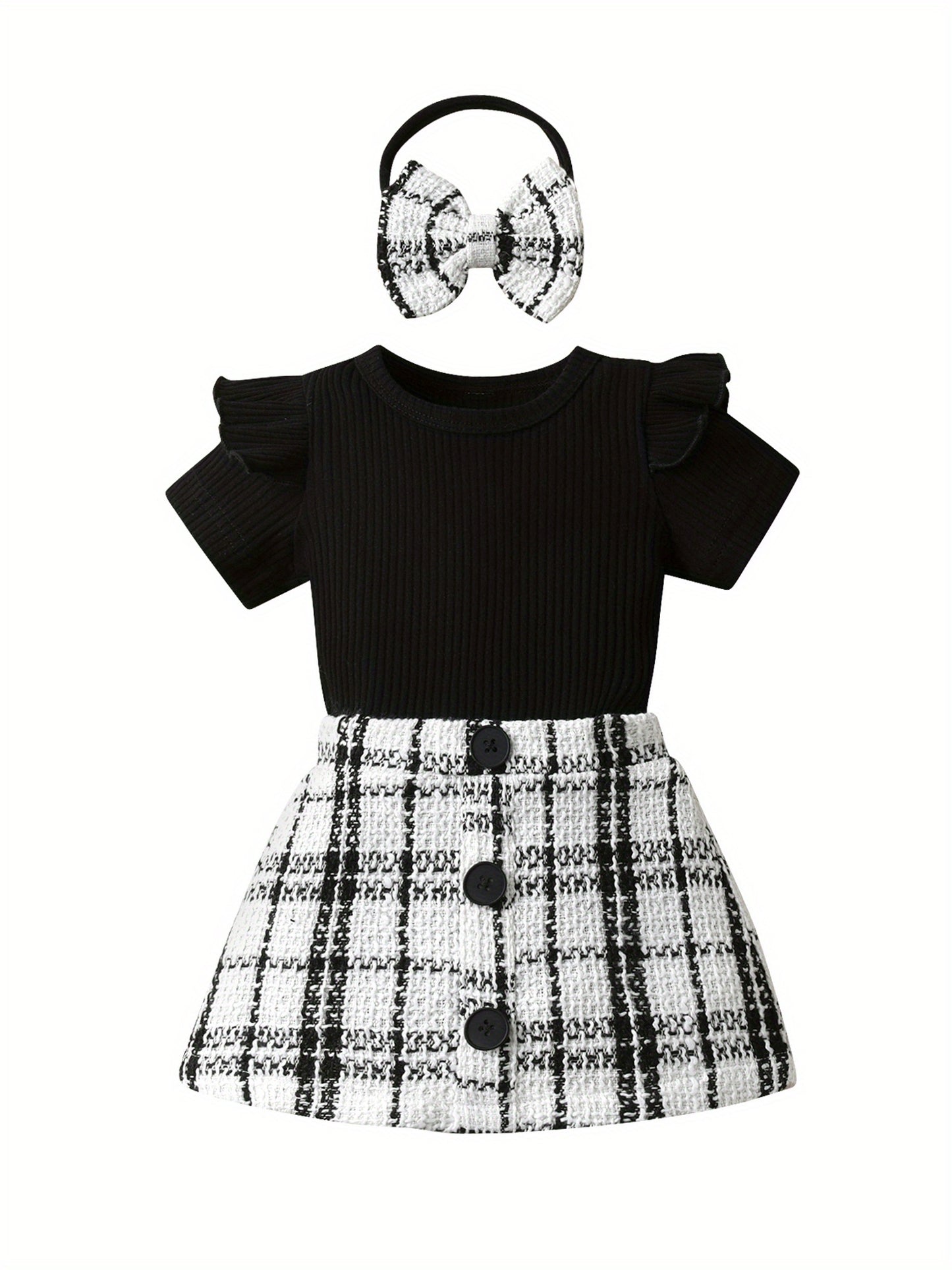 Infants Baby Girl Fashion Clothes Set Solid Cotton Short Sleeve Bodysuit Top + Plaid Skirt with Headband Toddler Summer Outfits, for Outdoor