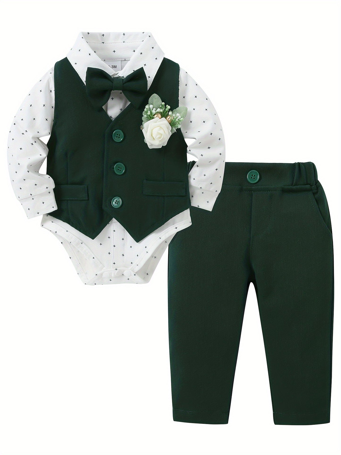 5pcs Baby Boy Long Sleeve Gentleman Suit Baby Boy Holiday Party Wedding Dress Suit One-Piece Shirt, Vest, Trousers, Bowtie, Corsage 0.0-78.74ft Soft And Comfortable Cotton Toddler Clothing