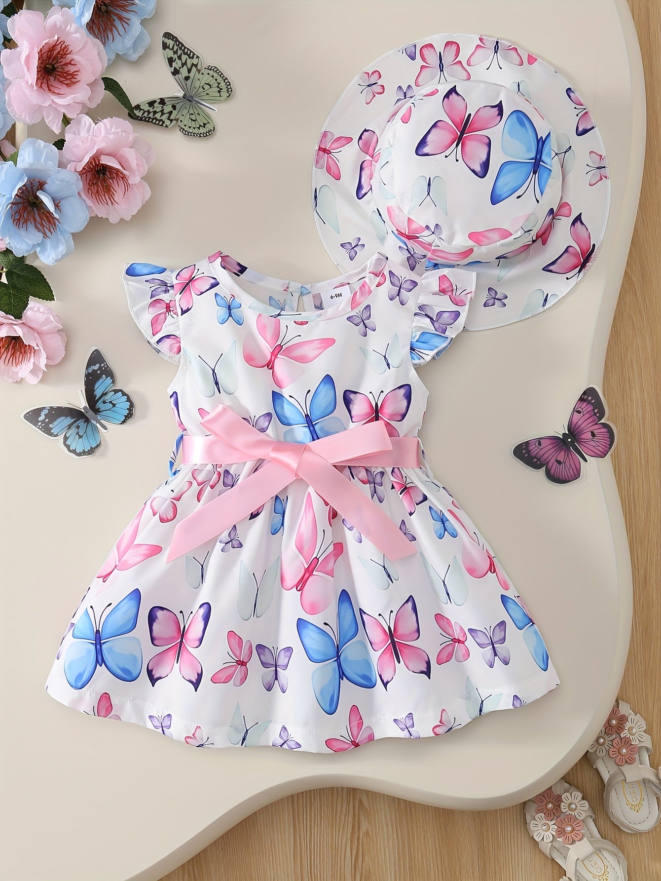 2pcs Baby Girl Butterfly Print Dress Set with Fly Sleeves and Sun Hat for Summer Fun