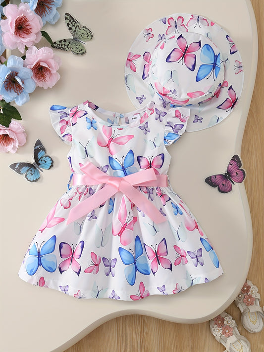 2pcs Baby Girl Butterfly Print Dress Set with Fly Sleeves and Sun Hat for Summer Fun