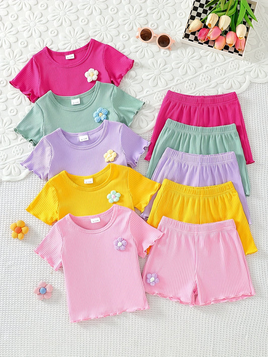 Summer Girls' Colorful Five - Colored Comfortable Round - Neck Short - Sleeve Tops + Five - Colored Casual Shorts, With Ruffled Sleeves Design, Sweet, Cute And Fashionable Summer Outfits, for Outdoor
