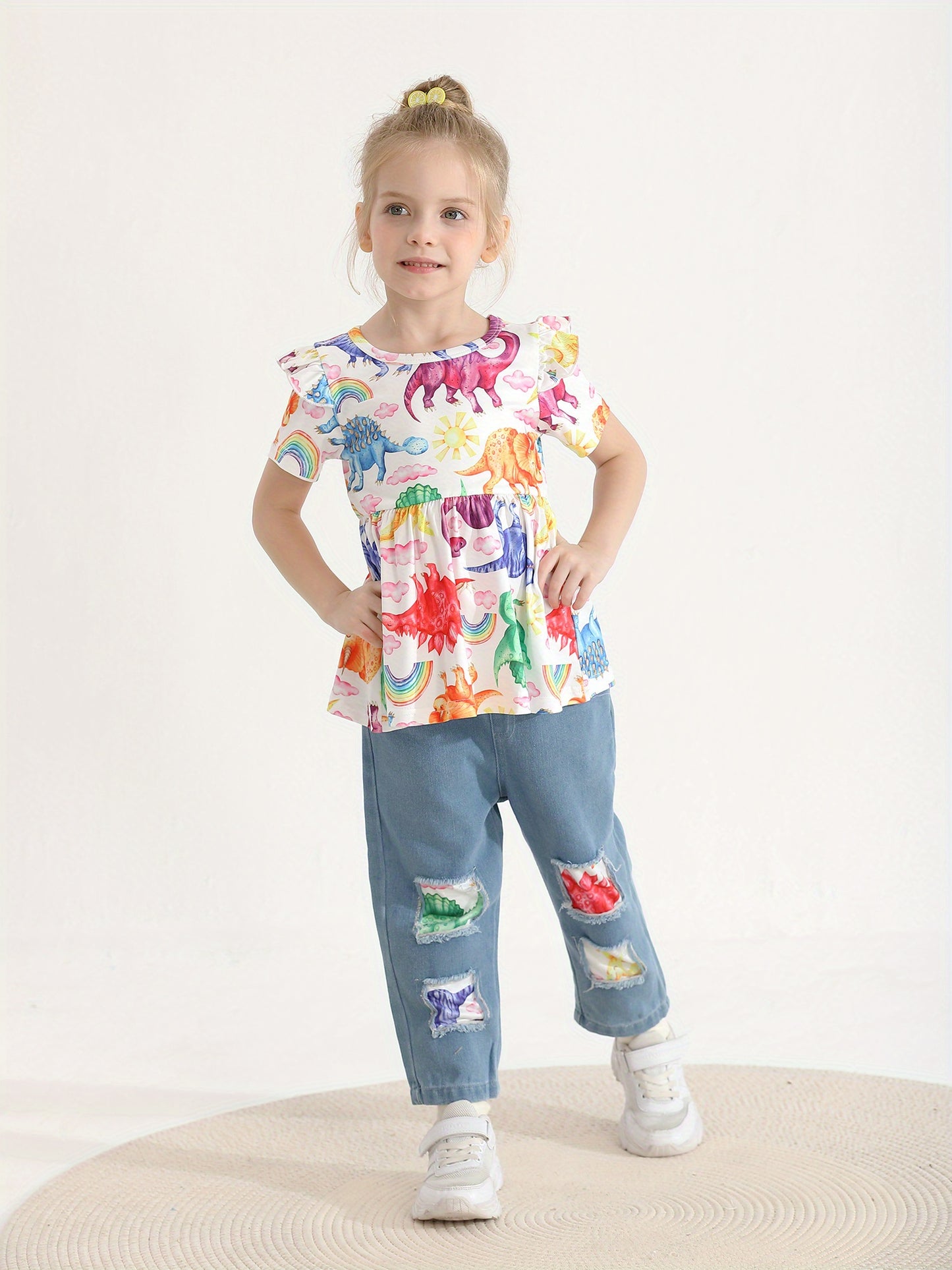 Summer Toddler Kids Baby Girls Clothes Set Cartoon Dinosaur Print Children Girl Short Sleeve Tops and Jeans Pants Children Clothing Outfits, Perfect for Outdoor