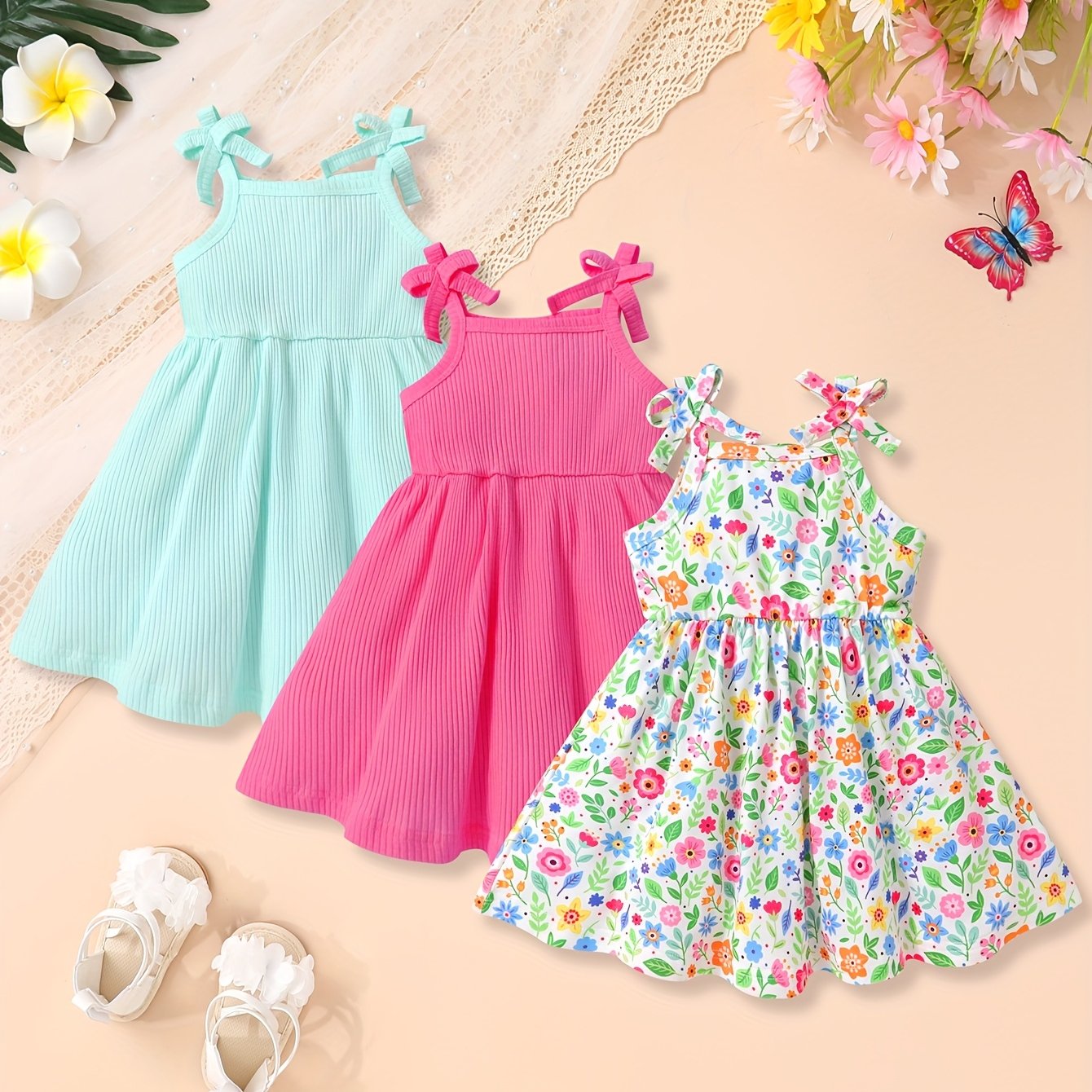3pcs Soft, Breathable, Comfortable And Cute Baby Girl Solid Color Ribbed And Full Body Floral Print Bow Suspender Princess Dress Set