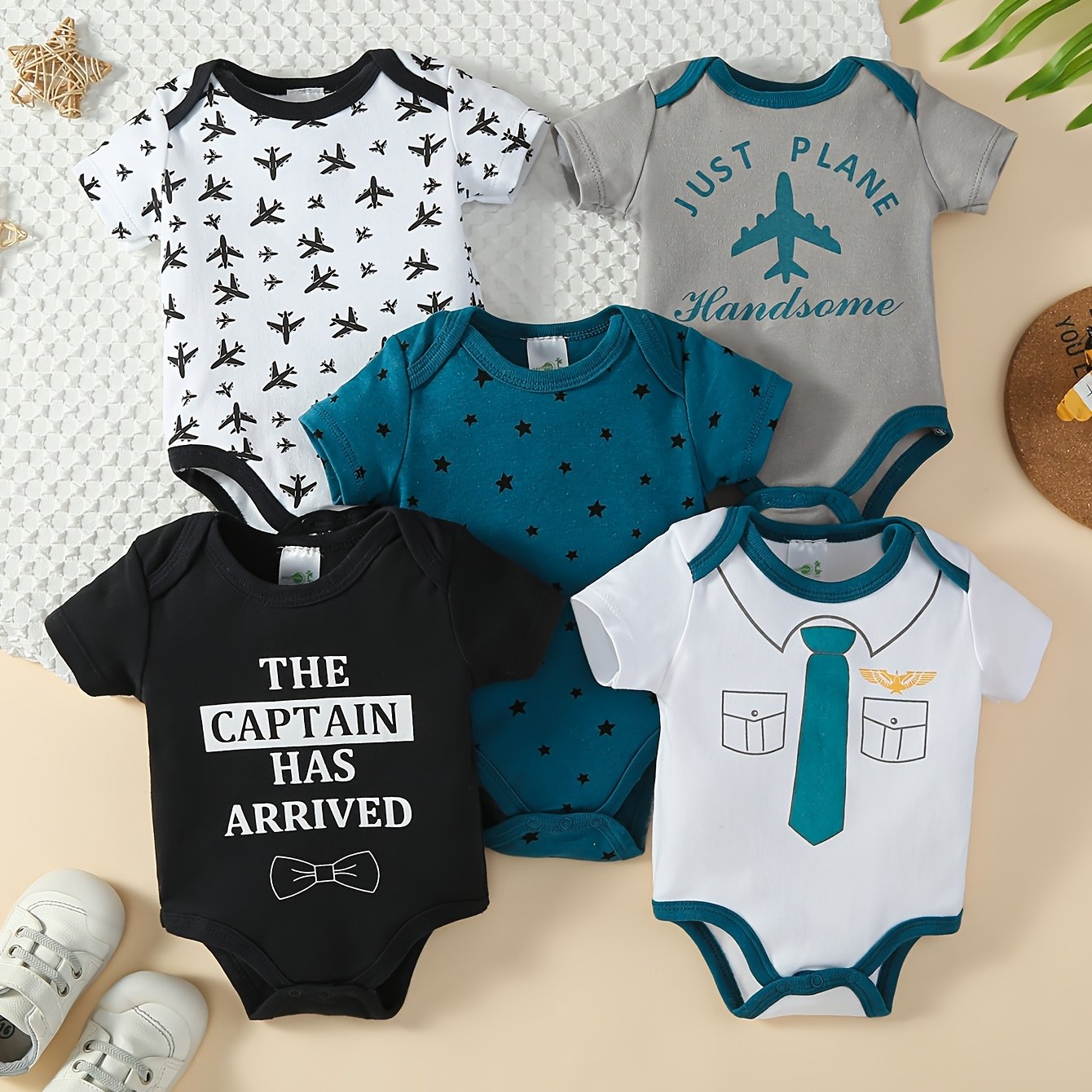 5pcs Set Of Baby Boy's Short Sleeved Cartoon Triangle Jumpsuit, Khai, Baby Boy's Airplane Tie, Gentleman's Casual Climbing Suit