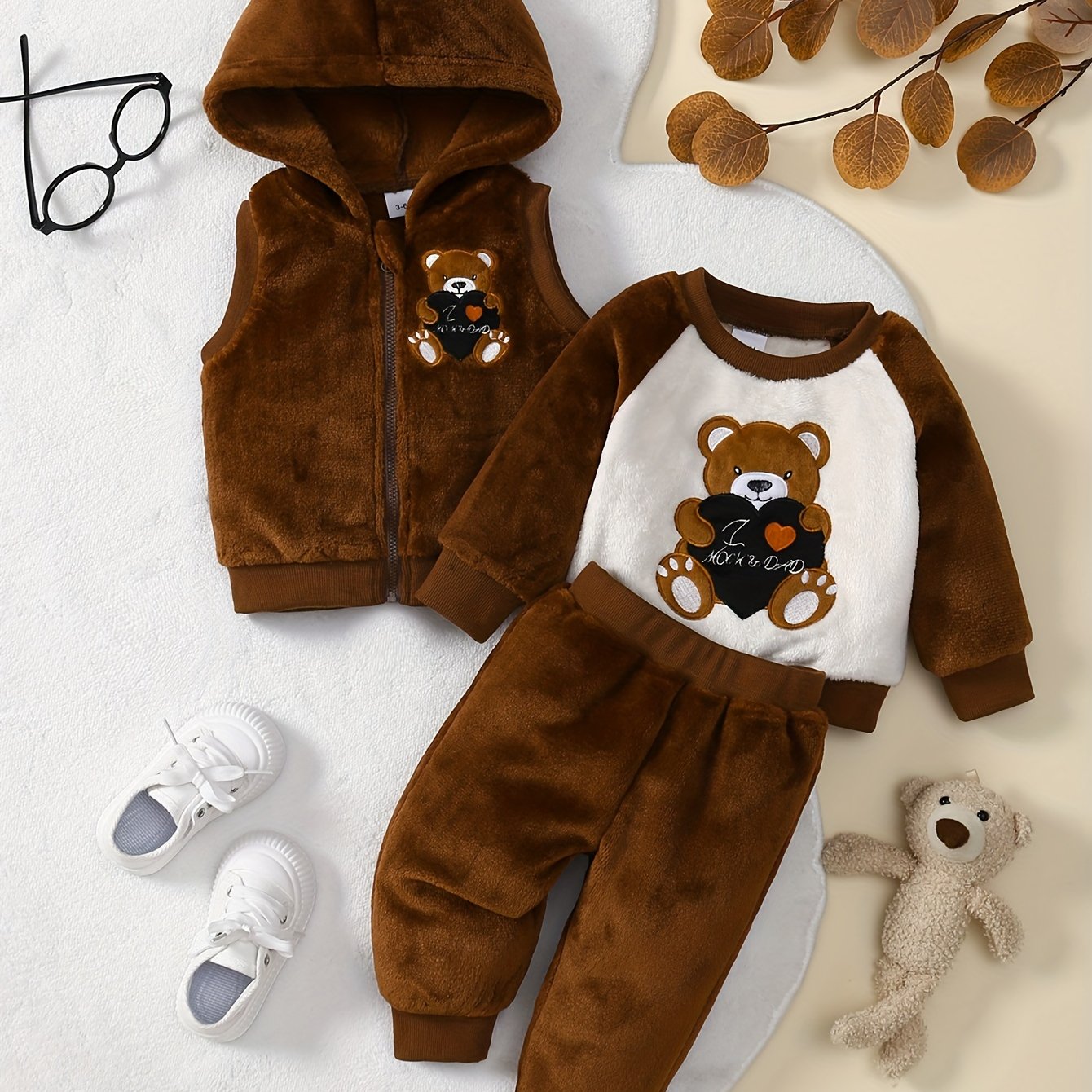 3 Piece Baby Boy Winter Outfit Set With Teddy Bear Embroidery Hooded Zipper Jacket And Flannel Pants