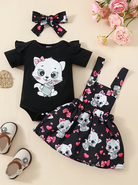Adorable 3pcs Baby Girl's Outfit Set - Cute Cat & Heart Print Romper, Bowknot Suspender Skirt with Matching Bandana - Soft Cotton Blend for Summer, Perfect for Outdoor