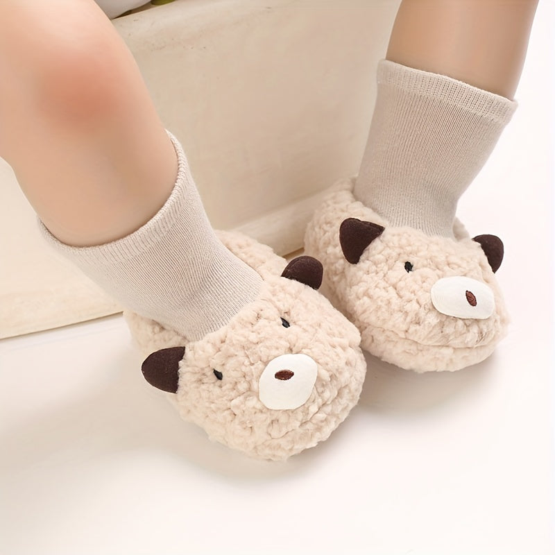 Cute Cartoon Animal Sock Shoes for Newborns, Warm Fleece-Lined Slip-On Footwear, Fabric Upper/Inner/Sole, Casual Street Style, with Sewing Thread Detail, for Indoor & Daily Use, Fall/Winter Season, Baby Shoes