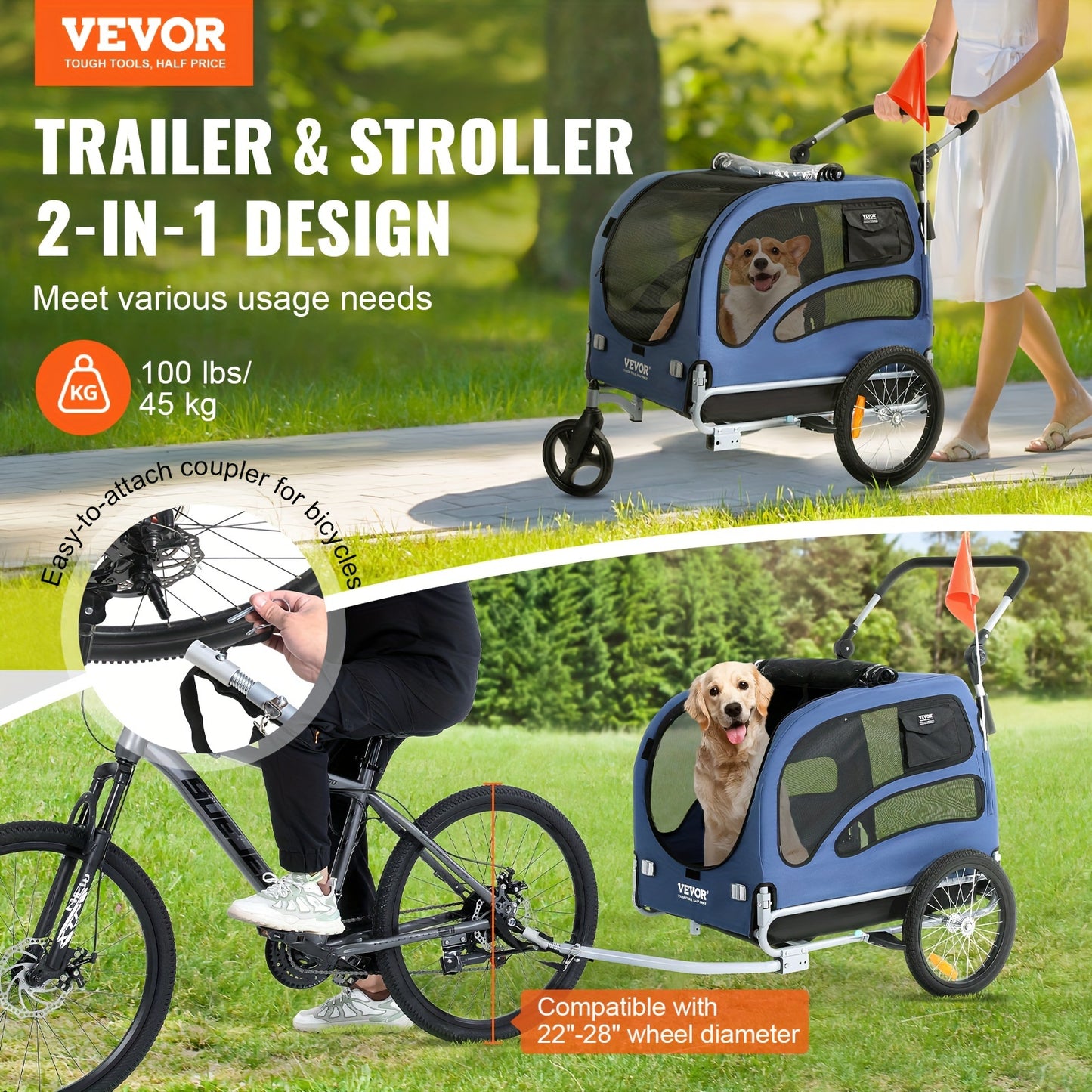 VEVOR 2 In 1 Dog Bike Trailer Stroller Carrier 100 Lbs