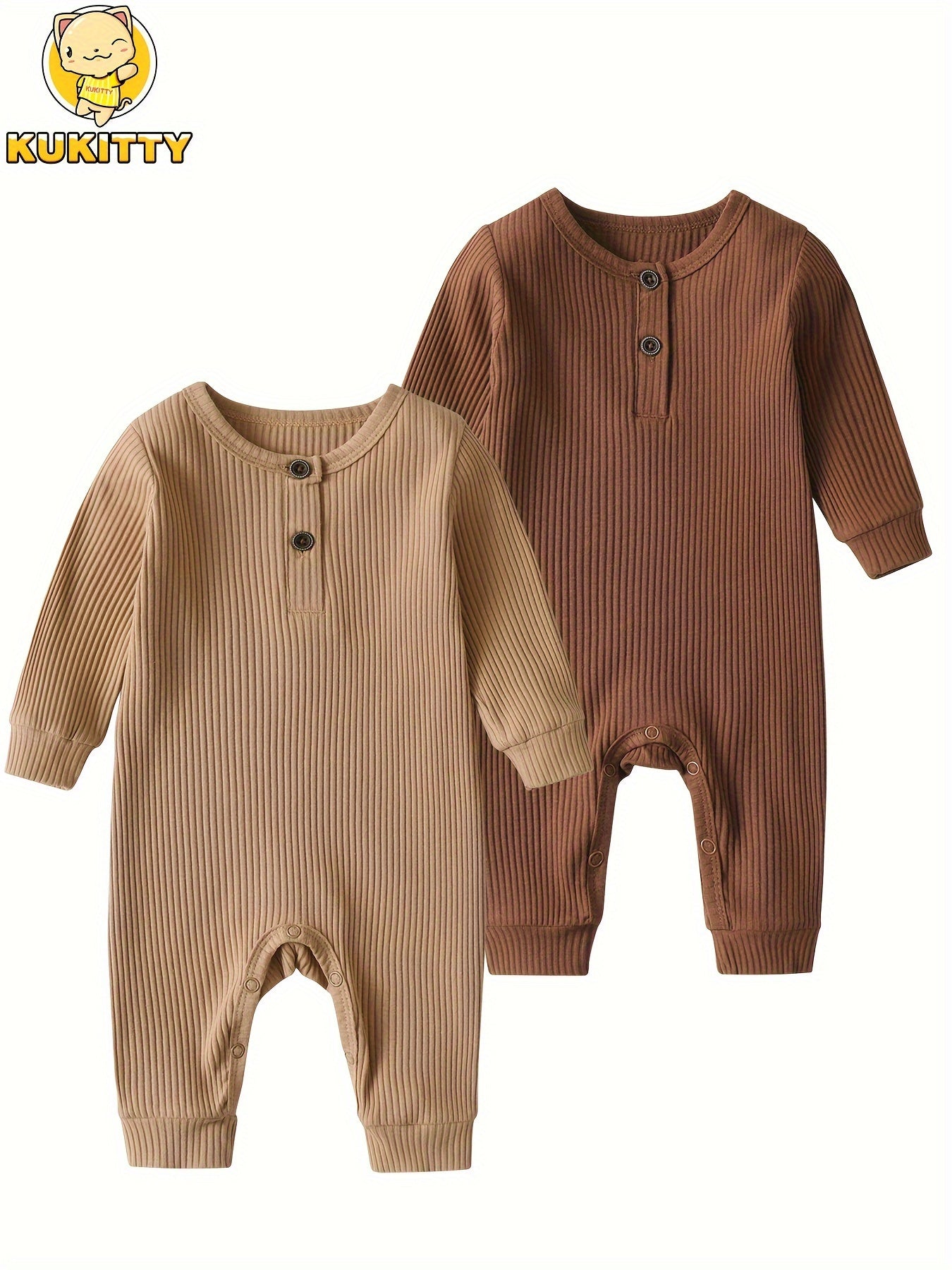 KuKitty Baby Boy Girl 2 Pcs Long Sleeve Solid Color Ribbed Romper Jumpsuit Outfits Clothes