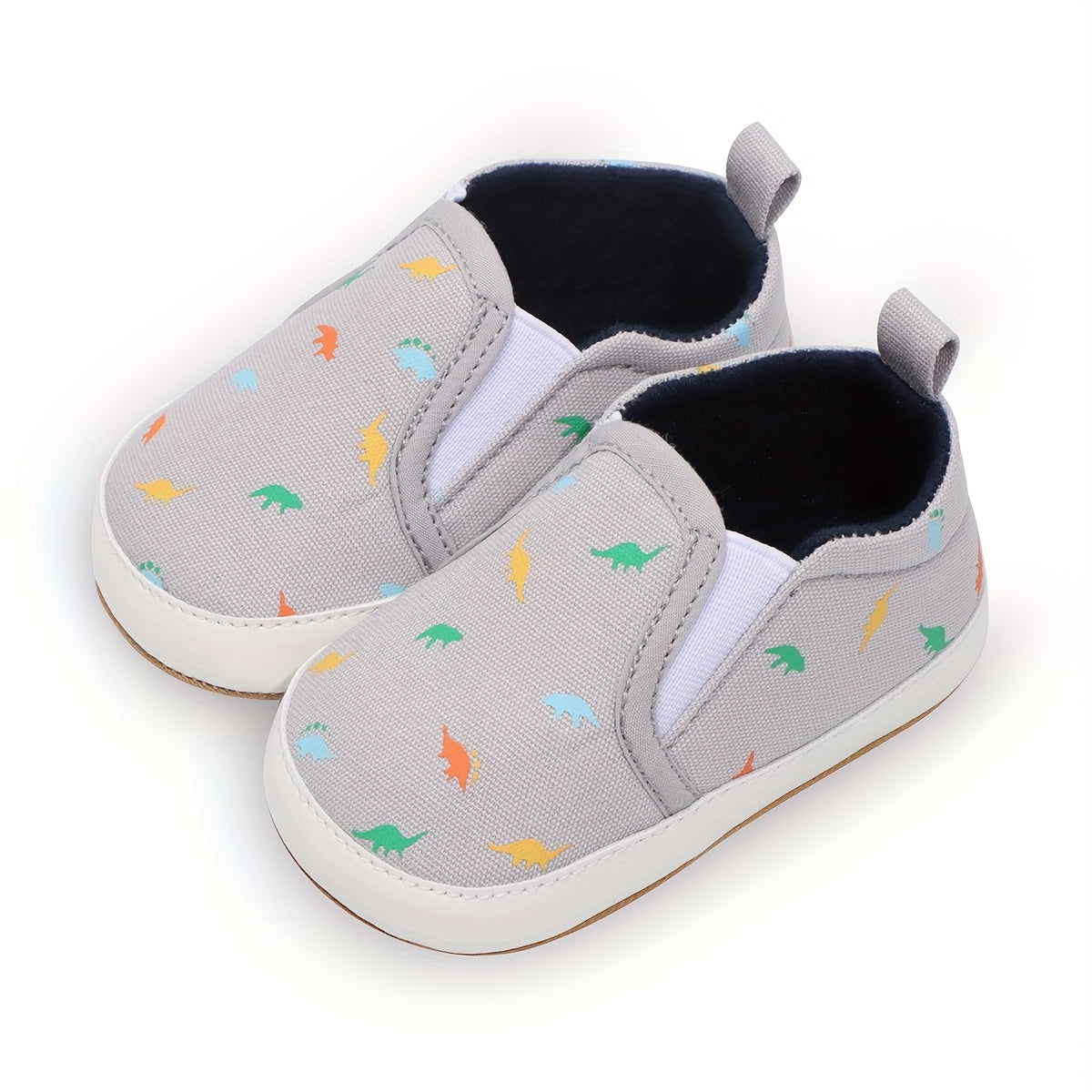 Infant Baby Boys Girls First Walker Sneakers - Soft Anti-Slip Rubber Sole, Slip-On Canvas Shoes with Cartoon Patterns (Navy/Beige/Gray) for Newborn Toddlers 0-18 Months, Breathable Fabric Lined Interior, Casual Baby Footwear