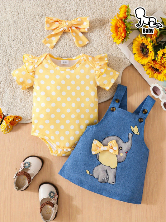 Baby Girl Elephant Skirt Set With Polka Dot Romper And Suspender Skirt For 0 To 3 Years Outdoor
