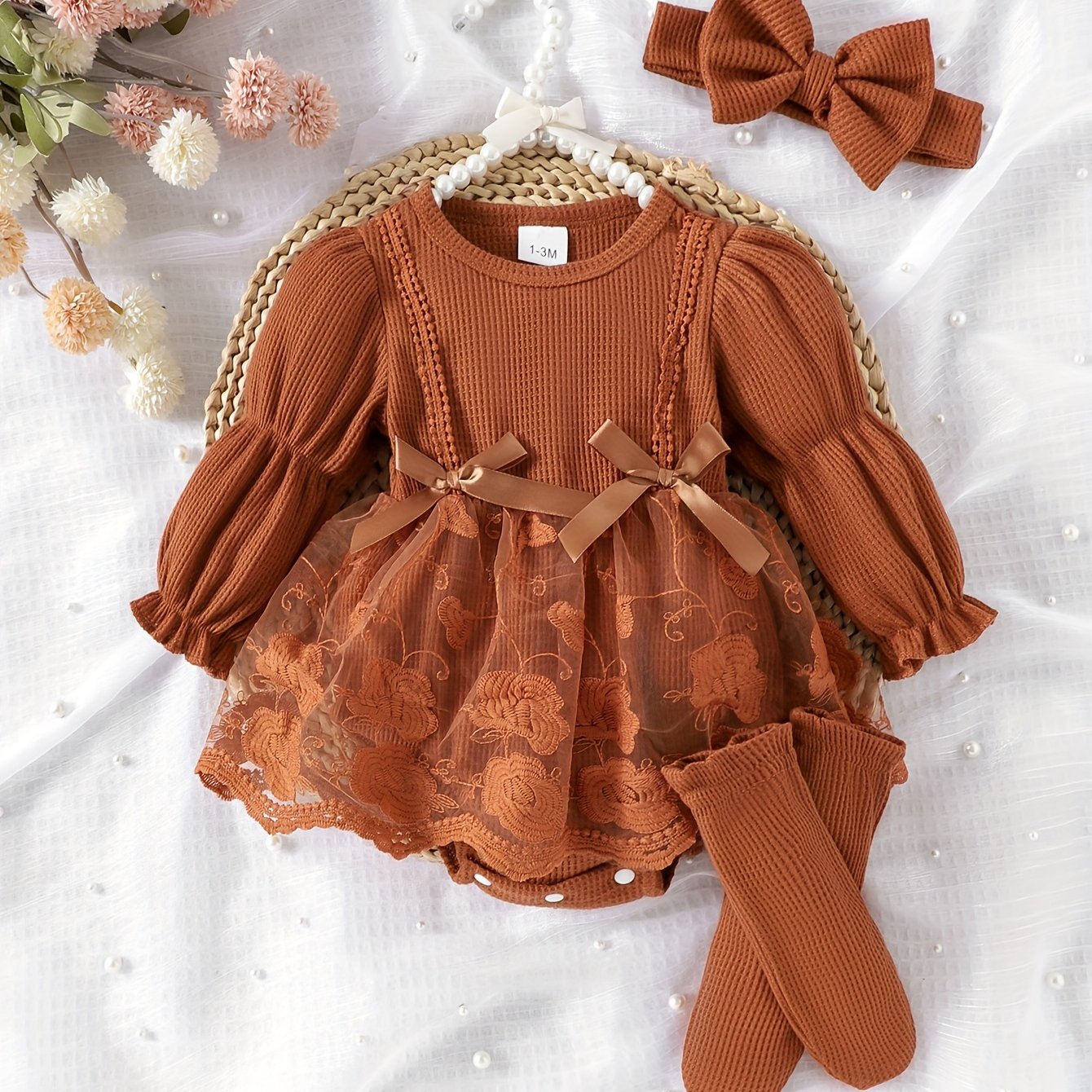 Baby Girl Outfit Set Embroidered Tulle Bow Romper Dress