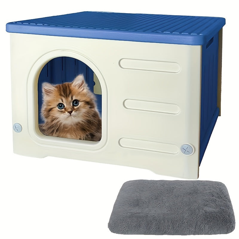 Waterproof Classic Cat House with Mat Indoor Outdoor Plastic Shelter Easy Assembly