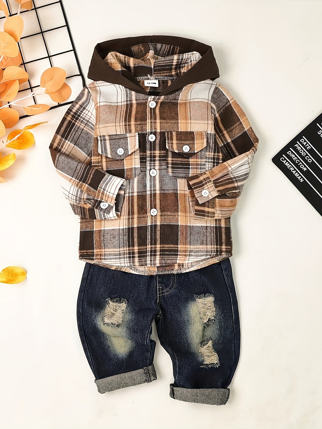 Toddler Boy Fall Winter Outfit Set Hooded Sweatshirt and Ripped Jeans Dark Khaki 12M-5T