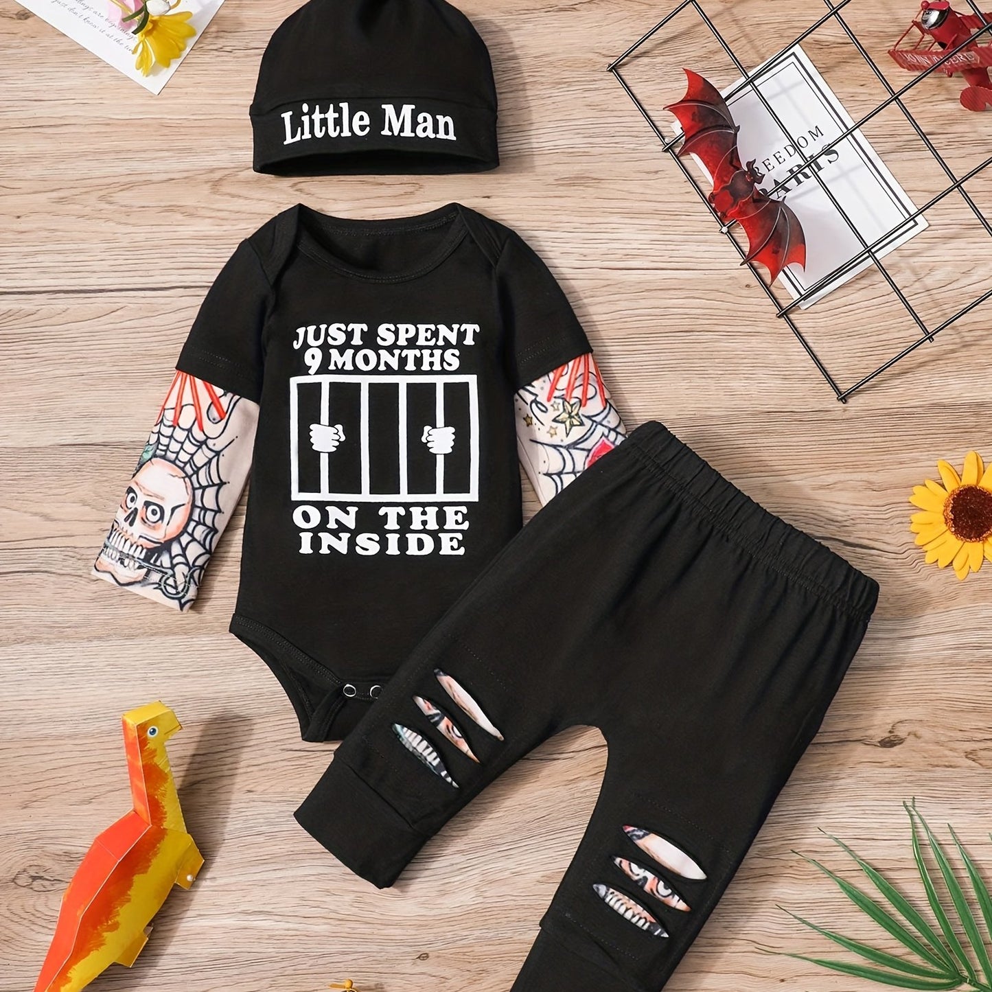 Newborn Baby Boy Tattoo Print Striped Romper Set With Black Pants Three Piece Outfit