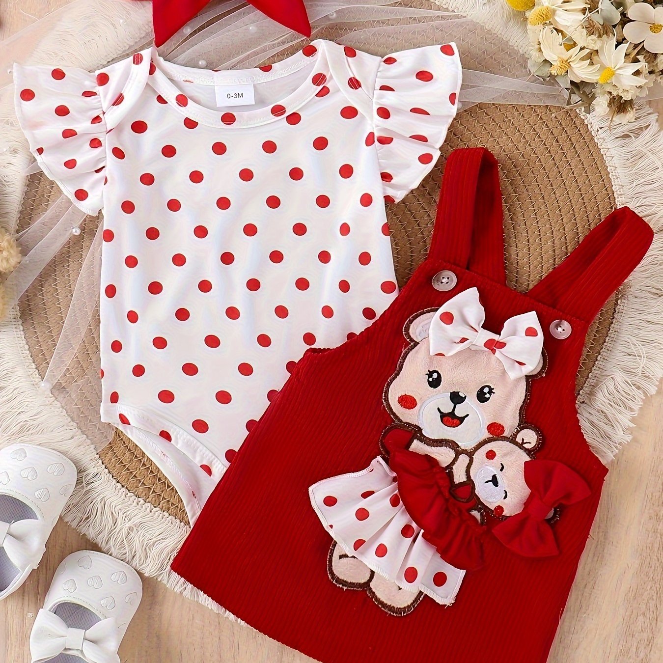 Baby Girl Summer Lace Outfit with Teddy Bear Strap Skirt and Headband 0-18 Months