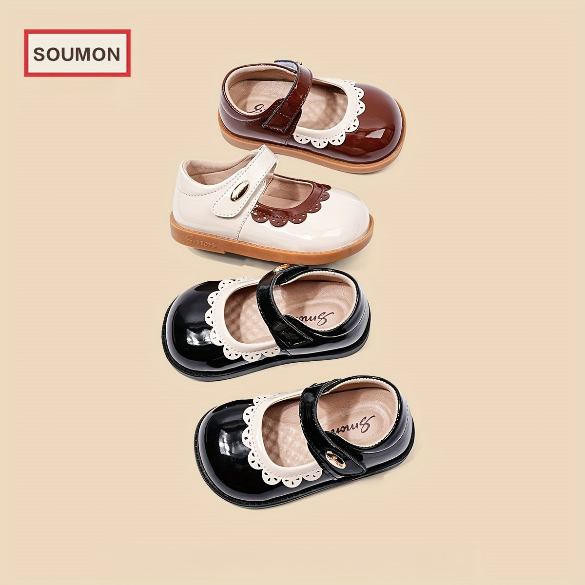 SMON Girls Princess Soft Sole Shoes White and Brown Adjustable Strap Casual Footwear