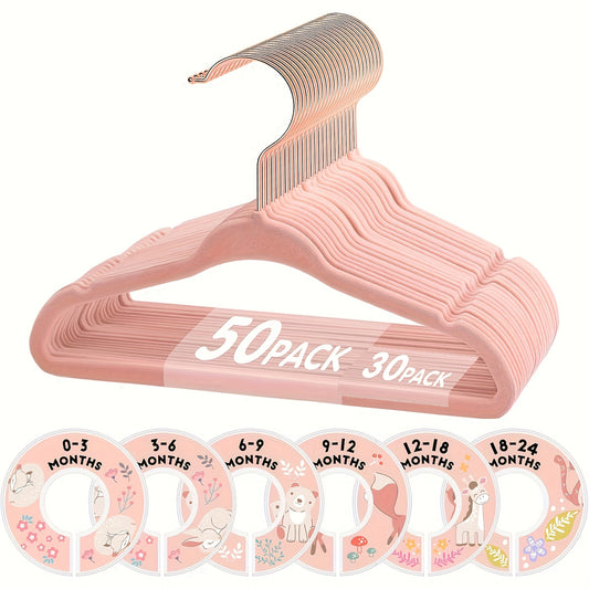 Baby Hangers, JEOWOQAO 11 Inch Pink Velvet Kids Hangers With 6pcs Size Dividers Non Slip Nursery Children Closet Clothes Hangers For Infant Toddler Girls And Boys 50pcs