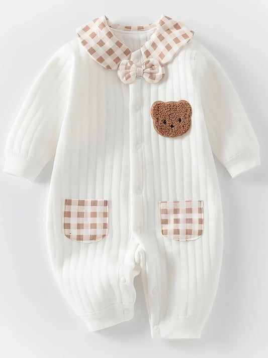 Cozy Bear Cotton Romper With Striped Collar And Pockets