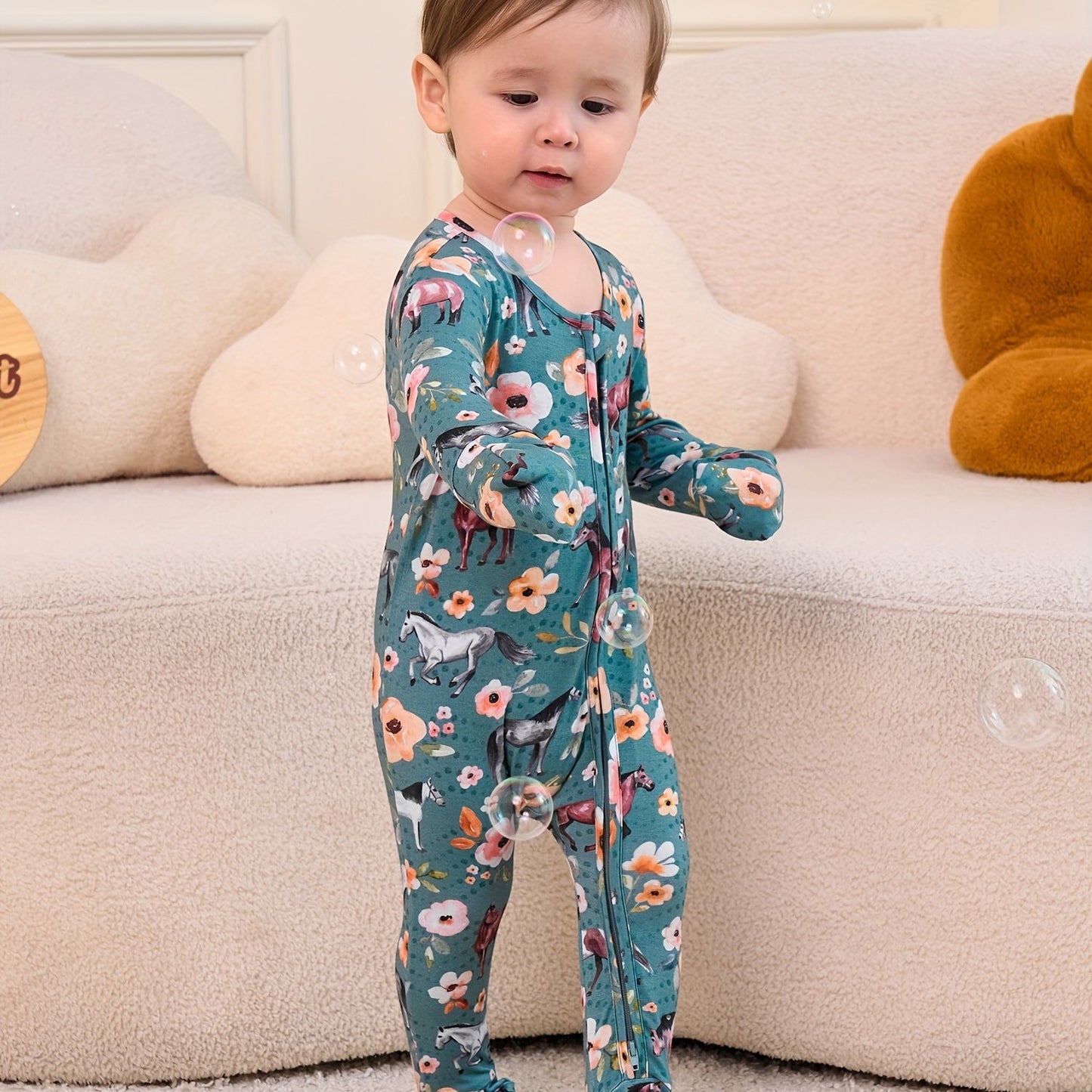 Ship From US, POSHTOT Mustang Print Bamboo Fiber Breathable Bamboo Fiber Baby Long Sleeve Pants Tights. Comfortable Fit, Cute, Baby Two-way Zip-up Onesie with Folding Feet And Mittens for Ages 0-2. Casual Outdoor Jumpsuit for